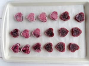 valentine heart gummies on a cookie sheet
