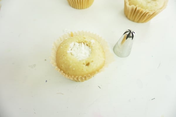cupcake well filled with coconut flakes and icing tip sitting nearby