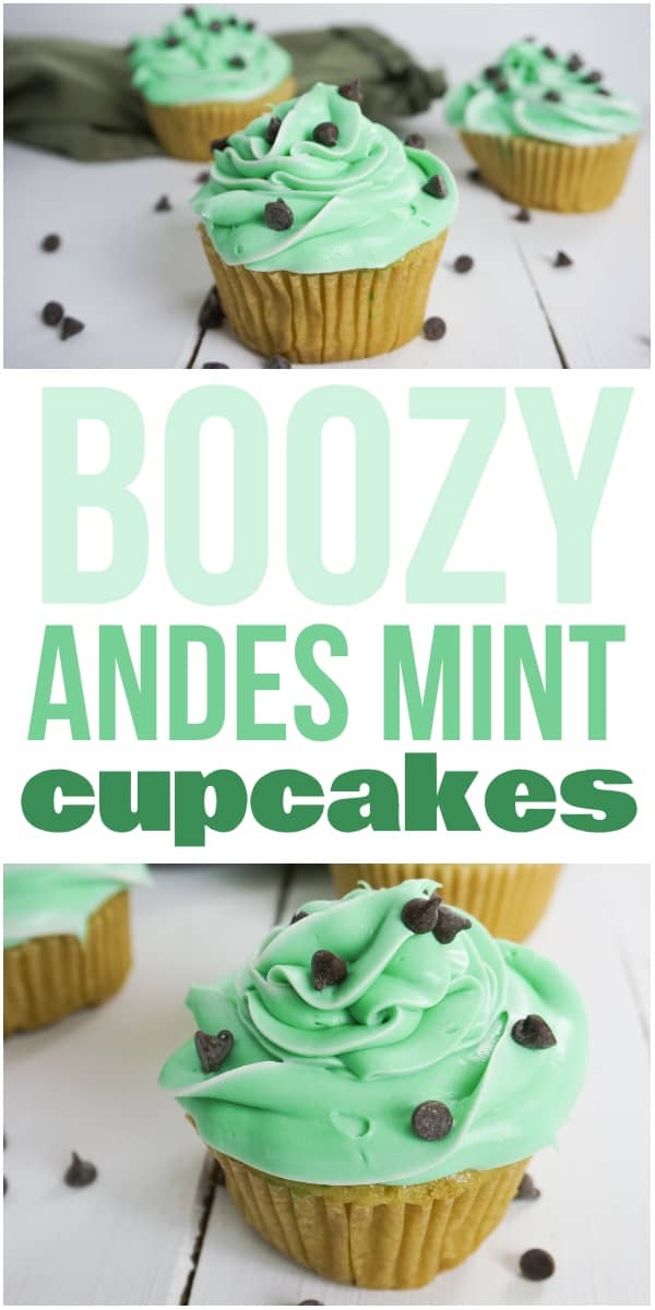photo collage of boozy mint cupcakes tipped with chocolate chips on a white table with a green linen with title text reading boozy andes mint cupcakes
