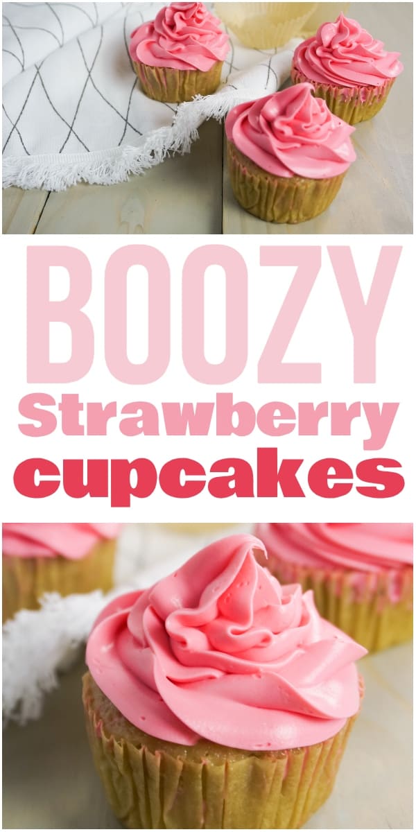 photo collage of boozy cupcakes with text which reads boozy strawberry cupcakes