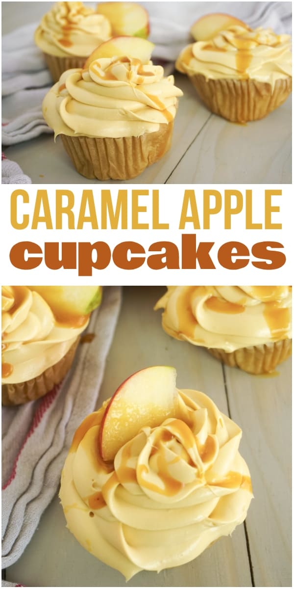 photo collage of three cupcakes topped with caramel frosting, caramel sauce and an apple slice on a brown table with a brown linen in the background with title text reading Caramel Apple Cupcakes