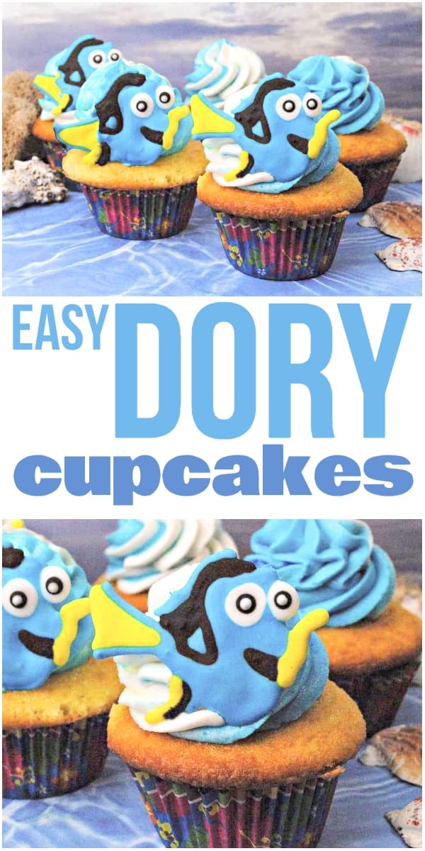 photo collage of cupcakes with fish decorations on top with text which reads easy dory cupcakes