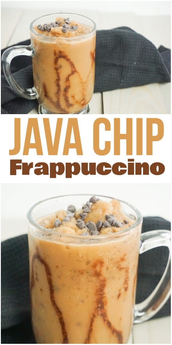 photo collage of a chocolate flavored frappuccino in a glass mug on a gray table next to a black linen with title text which reads java chip frappuccino