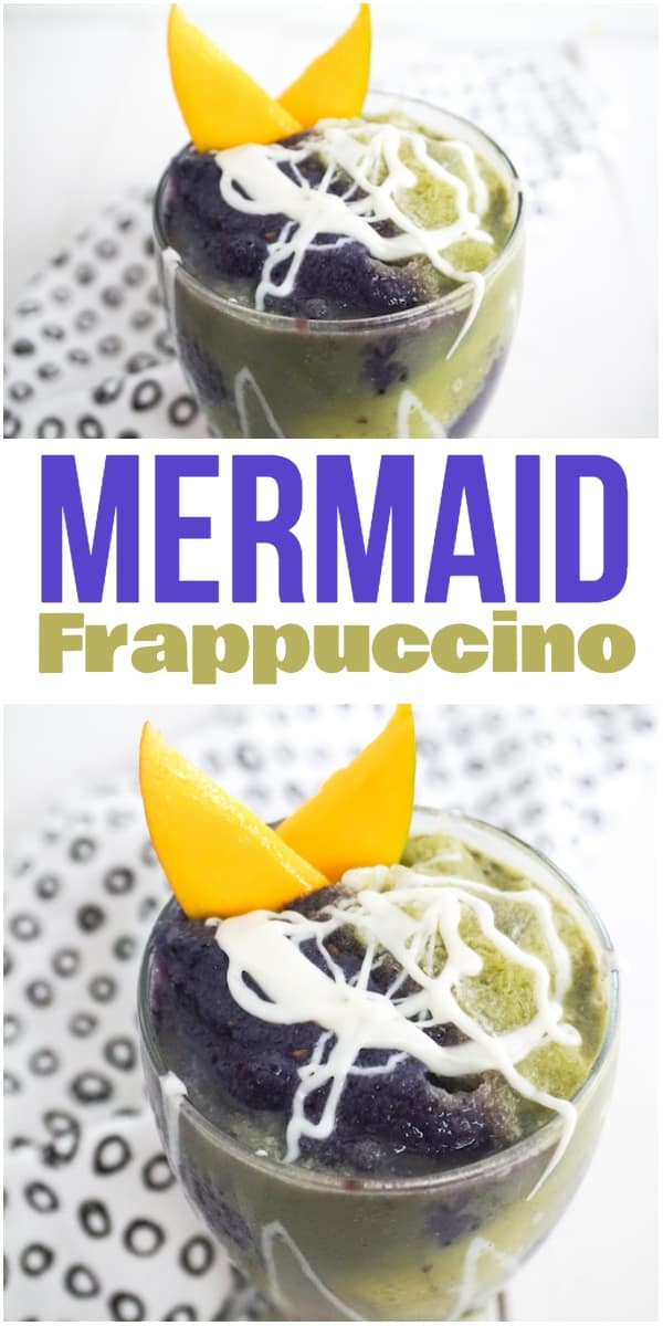 photo collage of blackberry machta green tea frappuccino with text which reads mermaid frappuccino