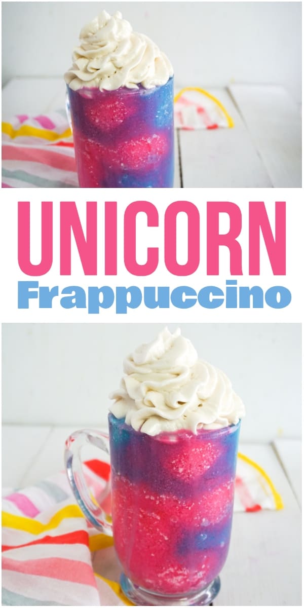 photo collage of bright blue and pink frappuccino with whipped cream on top in a glass mug on a white table with brightly striped linen with title text reading unicorn frappiccino