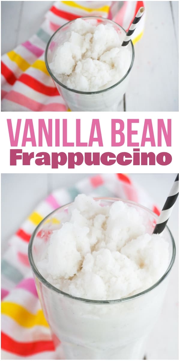 photo collage of vanilla frappuccino in a glass on a white wood background with a rainbow linen with title text which reads vanilla bean frappuccino