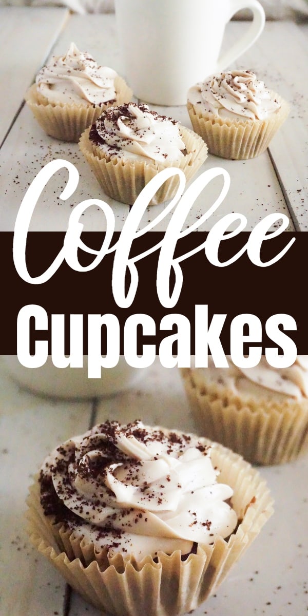a collage of coffee cupcakes topped with frosting and sprinkled with coffee grounds on a table with a cup in the background with title text reading Coffee Cupcakes