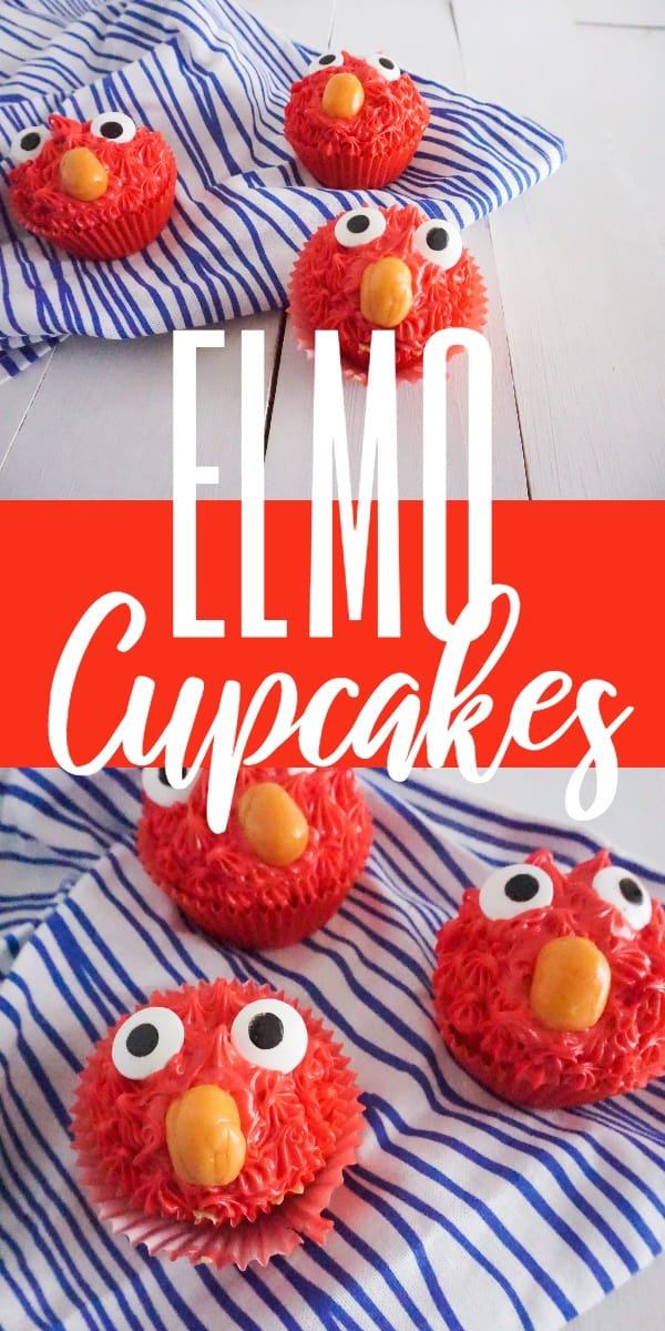 a collage of three cupcakes made to look like Elmo with red frosting, candy eyes and an orange starburst as a nose, on a wood table and a white and blue striped linen with title text reading Elmo Cupcakes