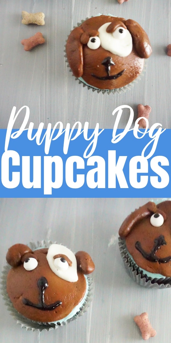 a collage of cupcakes topped with brown, white and block frosting to look like the face of a dog next to dog bone treats on a table with title text reading Puppy Dog Cupcakes