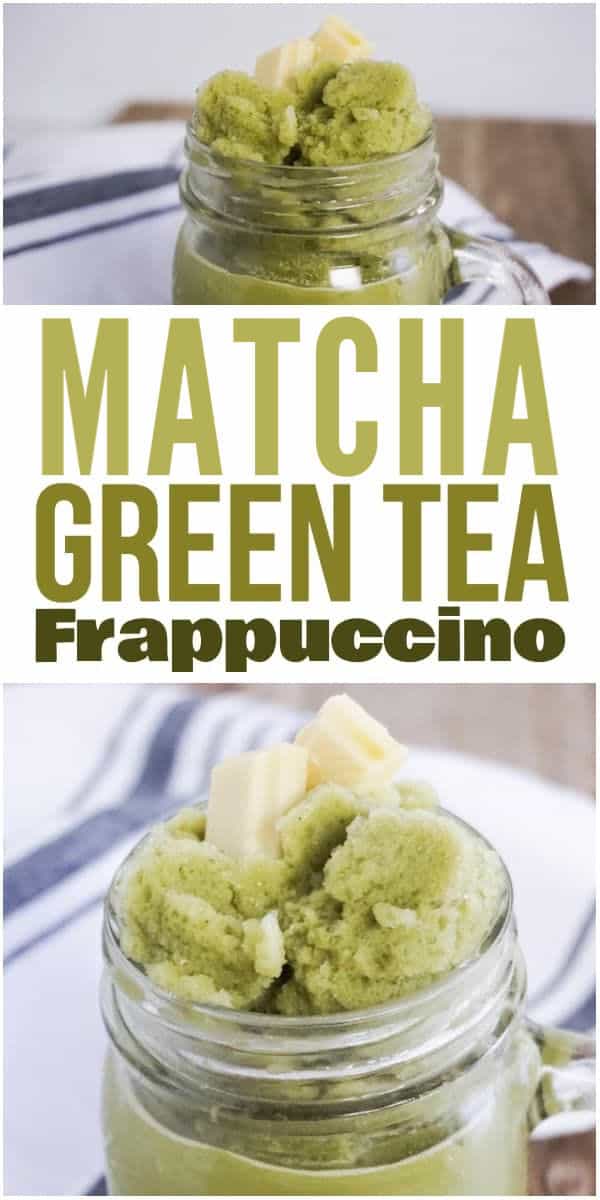 photo collage of matcha frappuccino in a mason jar mug with text which reads matcha green tea frappuccino