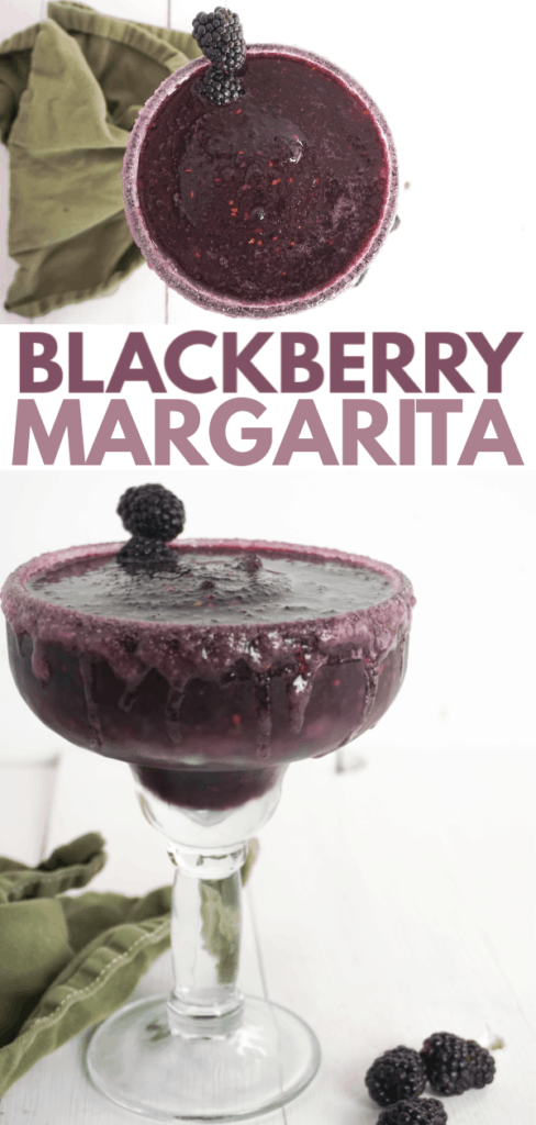 photo collage of blackberry margarita in a margarita glass with text which reads blackberry margarita