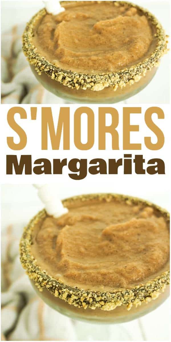 a collage of closeup of s'mores margarita in glass rimmed with chocolate and graham cracker crumbs, with title text reading S'mores Margarita