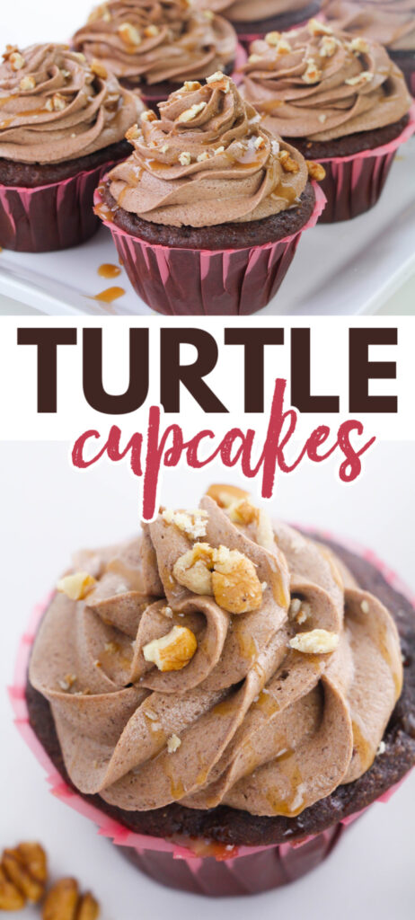 a collage of turtle cupcakes on a white plate and a closeup view of a cupcake with title text reading Turtle Cupcakes