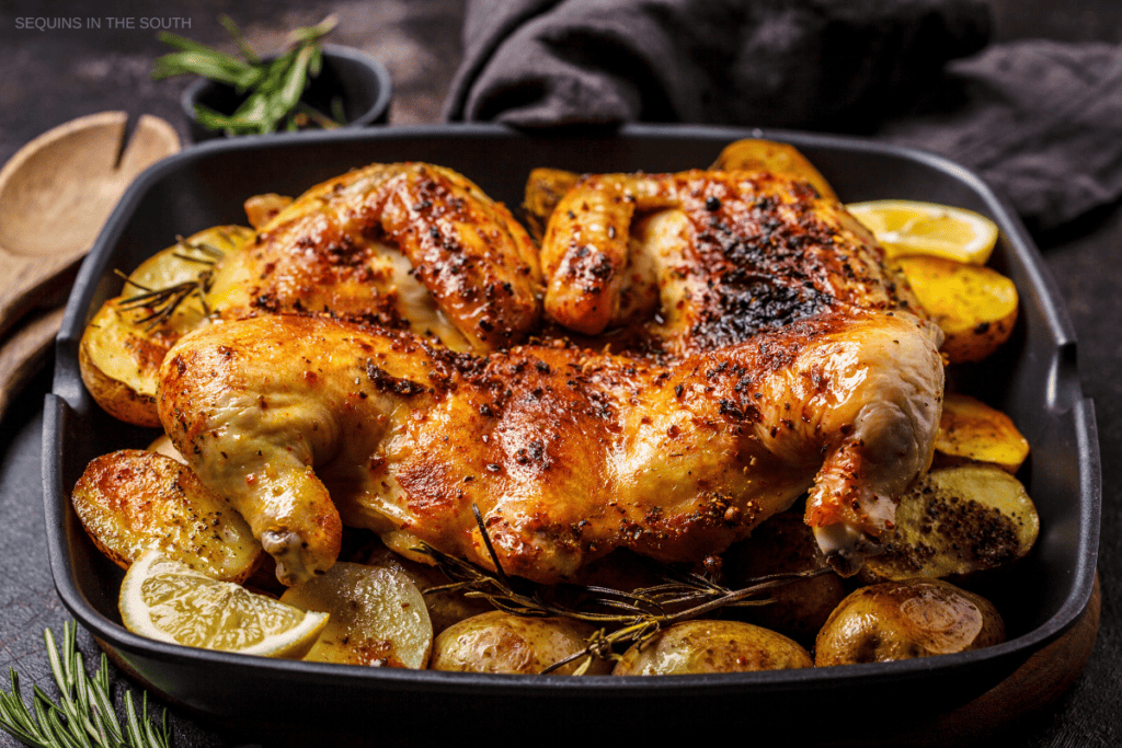Fried whole tabaka chicken with potatoes in a grill pan.