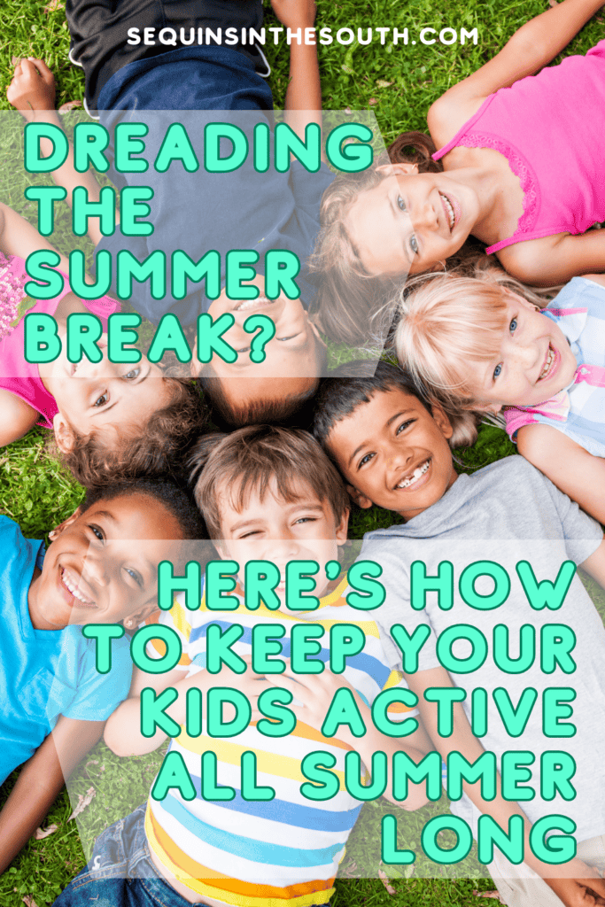 A pinterest image of kids lying on the ground facing up, with the text - Dreading the Summer Break? Here's How to Keep Your Kids Active All Summer Long. The site's link is also included in the image.
