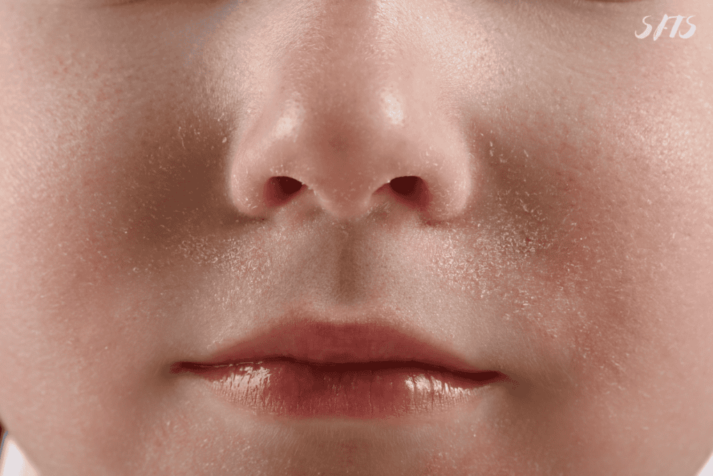 A closeup image of dry skin on the face.