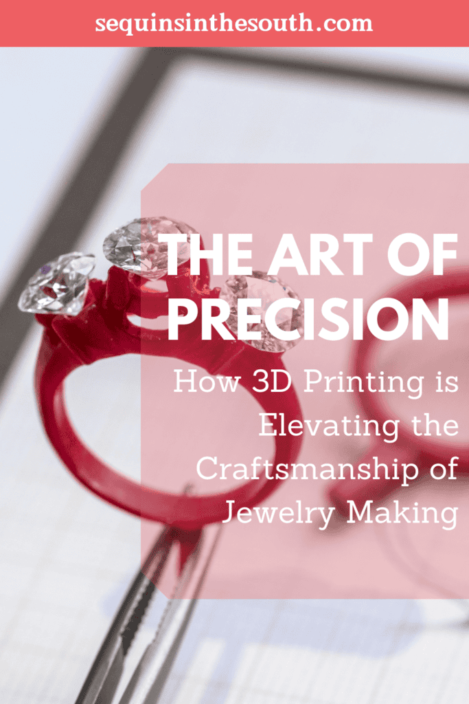 A pinterest image of a 3D ring in the background with the text - The Art of Precision: How 3D Printing is Elevating the Craftsmanship of Jewelry Making. The site's link is also included in the image.