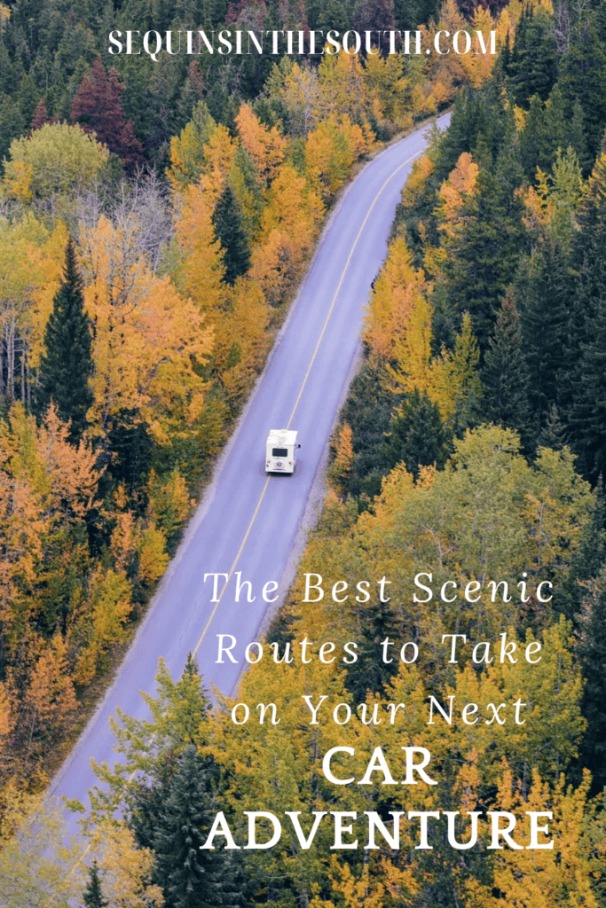 A pinterest image of a vehicle travelling on the road surrounded with trees with the text - The Best Scenic Routes to Take on Your Next Car Adventure. The site's link is also included in the image.