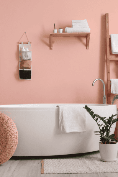 An image of a bathroom with pink walls.